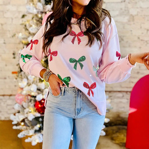 Trendy Sequin Bow Printed Polyester Anti-Wrinkle Sweatshirt Front Logo Cozy Soft Fall Winter Casual <b>Womens</b> <b>Top</b> - Product Image 1