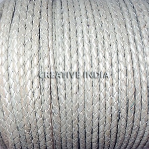 White 4mm 4 Ply Round <b>Braided</b> Leather <b>Cord</b> Bolo DIY Craft Jewelry Accessory with Metallic Finish Metal Chain for Jewelry Making - Product Image 2