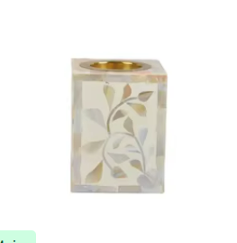 Portavelas de lujo hecho a mano con incrustaciones florales de nácar, elegante soporte rectangular brillante para velas votivas y de té. - Product Image 4