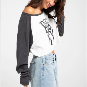 Custom Women's Off Shoulder <b>Crop</b> <b>Top</b> Long Sleeve Logo Print Casual Jersey T-Shirt Custom Logo 100% Cotton Spring Summer Wear - Product Image 6