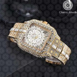 Charm Jewells Montre de luxe pour femme en acier inoxydable, boîtier rectangulaire de 38 mm, lunette sertie de diamants, quartz analogique, fermoir papillon - Product Image 3