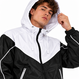 Wholesale Men's <b>Black</b> White Colorblock <b>Windbreaker</b> Sporty Set Hooded Piping Jacket Baggy Pants Set Urban Streetwear Activewear - Product Image 3