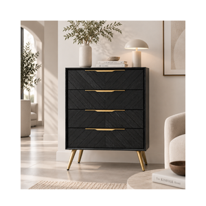 Elegant Wooden <b>Tallboy</b> Cabinet With Geometric Chevron Drawers, Gold Accent Handles And Modern Tapered Metal Legs - Product Image 1