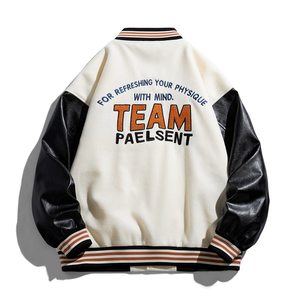 แจ็คเก็ตวาร์ซิตี้สีขาวดำ ปักโลโก้ตัวอักษร ปกคอพับได้ เสื้อผ้าลำลองผู้ชายสำหรับฤดูใบไม้ร่วง วัสดุ PU ทรงปกติ - Product Image 5