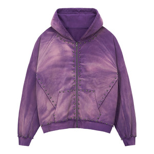 Sudadera con capucha vintage con efecto desgastado por el sol, de felpa francesa, morada, de corte holgado, de alto gramaje 500 g/m², con remaches, tachuelas y pedrería, con logotipo personalizado, con cremallera, desgastada, para hombre - Product Image 1