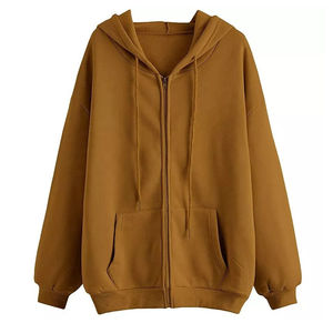 เสื้อฮู้ดซิปผู้หญิงสีกรมท่าทรงโอเวอร์ไซส์ ผ้าฝ้ายถัก 100% ระบายอากาศได้ดี เหมาะสำหรับฤดูหนาว แขนยาว สีพื้น - Product Image 5