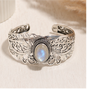 Rainbow Moonstone Silver Cuff <b>Bracelet</b> – Handmade 925 Sterling Silver Boho Jewelry Natural Rainbow Moonstone <b>Bracelet</b> – Vintage - Product Image 2