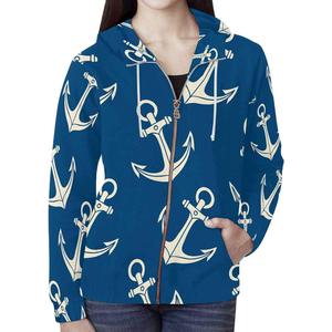 Women Navy Blue Anchor Print Hooded <b>Zip</b>-<b>Up</b> Jacket Regular Fit Full Sleeve Windproof Knitted 100% Cotton Lined Casual Summer - Product Image 1