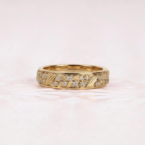 Round Moissanite Wedding Band Vintage Floral Gold Leaf Engraved Eternity Band Antique Diamond <b>Stacking</b> <b>Ring</b> Promise Gift - Product Image 1