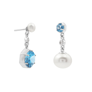 Pendientes de Plata de Ley 925 con Topacio Azul Hexagonal y Perla en Engaste de Bisel, Joyería Clásica para Boda - Product Image 2