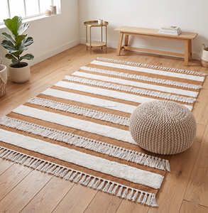Tapis d'intérieur en coton tissé à la main style bohème avec motif rayé texturé pour salon, chambre et décoration de maison de style farmhouse - Product Image 3