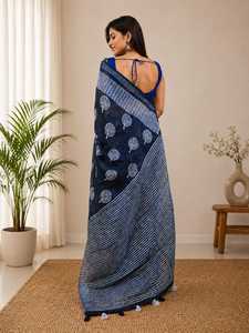 Sari en coton et lin bleu avec imprimé géométrique et bordure argentée, vêtement décontracté pour femmes, style indien traditionnel, longueur au sol, Bengale occidental - Product Image 4