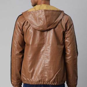 Men's Brown Leather Hooded <b>Jacket</b> Zipper Closure Regular Fit Solid Color Moto Biker Style Autumn Wear - Product Image 4