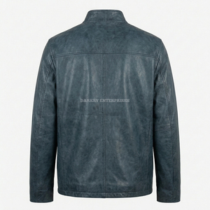 Veste en cuir bleue personnalisée pour homme, fournisseur en gros, OEM ODM, effet vieilli, multi-poches, col montant, manteau d'extérieur - Product Image 2