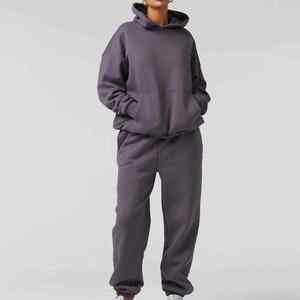 Custom Logo Heavyweight Fleece Hoodie and Joggers Set Unisex Muted Mauve Dusty <b>Purple</b> <b>Tracksuit</b> Oversized Casual Streetwear - Product Image 2