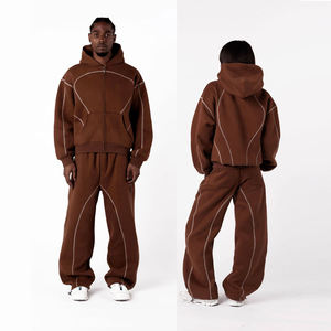 Customized Unisex Cotton Fleece Hooded Tracksuit Set Windproof Zipper <b>Jacket</b> Contrast Piping Loose Fit Streetwear - Product Image 2