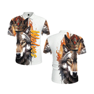 Polo Personalizado con Estampado de Lobo en 3D por Sublimación |   Camiseta gráfica de manga corta con cierre de cremallera para hombre |   Top transpirable con estampado animal en blanco y dorado - Product Image 2