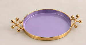 Plateau de service rond sphérique en métal émaillé violet clair fait main avec poignées dorées, idéal pour le café, la vanité ou les boissons - Product Image 3