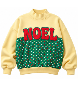 Custom <b>Women's</b> <b>Cream</b> Mock Neck Sweatshirt Christmas NOEL Letter Applique Embroidery Green Polka Dot Oversized Pullover - Product Image 6