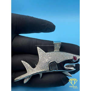 Colgante de Tiburón Personalizado, Plata de Ley 925, Acabado en Ojo Rojo, Amuleto de Tiburón, Joyería Hip Hop, Collar de Animal Brillante - Product Image 3