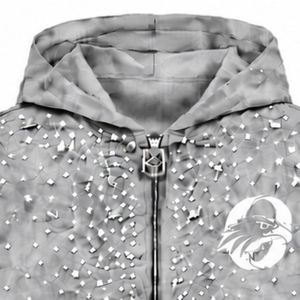 Sudadera con capucha gris claro perlado con cremallera completa, chaqueta de moda urbana con cristales incrustados, sudadera con capucha de manga larga - Product Image 3
