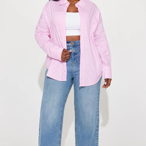 Camisa de Mujer a Rayas Rosas, Talla Grande, Personalizada al por Mayor, con Botones, Manga Larga, Cuello Camisero, Blusa Casual, Top de Primavera - Product Image 4