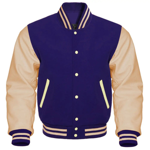 Mens Varsity <b>Jacket</b> Stand Collar Hooded Blue Body Beige Sleeves Striped Rib Knit Cuffs Custom College Team Outerwear 100% Wool - Product Image 1