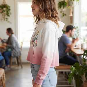 High Quality <b>Women's</b> <b>Pink</b> Die Cropped <b>Hoodie</b> Fleece Sweatshirt With Floral Front 3D Embroidery Casual Streetwear - Product Image 2