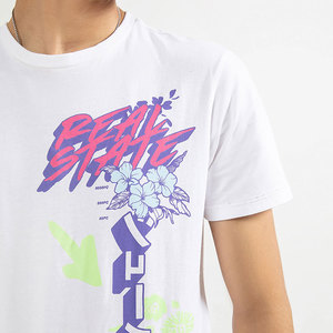 T-shirt blanc à manches courtes pour homme avec motif imprimé de lettres colorées, col rond, style décontracté, coupe régulière, tissu en jersey de coton - Product Image 3