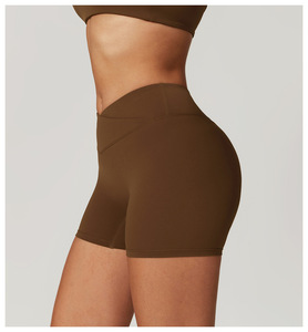 Women High Waist Solid Yoga Shorts Seamless Stretch Fitness Workout Gym Short <b>Brown</b> Spandex Polyester Elastic Waist - Product Image 2