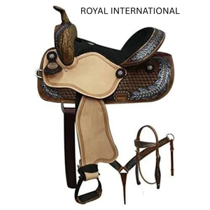 Selle de cheval western artisanale haut de gamme en cuir véritable, tressée, avec motifs de plumes, pour l'équitation sur sentier et ranch, équipement équestre durable - Product Image 2