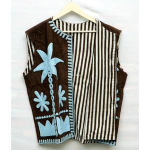 <b>Women's</b> <b>Black</b> Cotton Knitted V-Neck Cordoury Vest Hand Embroidered Floral Suzani Sleeveless Autumn/<b>Winter</b> Breathable Jacket - Product Image 2