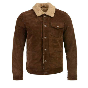 <b>Men's</b> Brown <b>Suede</b> Leather Motorcycle <b>Jacket</b> Faux Fur Stand Collar Front Casual Winter Style Color Blocking Zipper Closure - Product Image 1