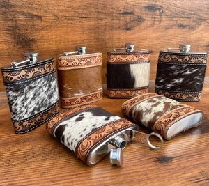 2024 New Wholesale 8oz Portable Brown Cowhide Leather Wrapped Stainless Steel Hip <b>Flask</b> Hand Tooled Leather Wine Whiskey <b>Flask</b> - Product Image 6
