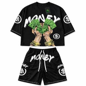 Custom Men Money Print <b>Mesh</b> T Shirt Cargo Shorts Set 2 Piece Summer Streetwear Hip Hop Outfit Breathable Polyester <b>Top</b> Wear - Product Image 3