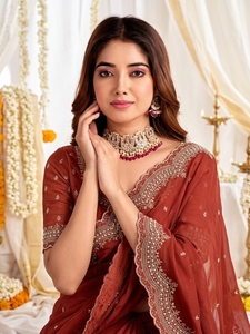 Elegant <b>Red</b> Georgette <b>Saree</b> Embroidered Border Sun Protection Wedding Occasion Women Traditional Floor-Length India Pakistan - Product Image 3