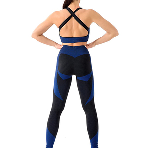 Black <b>Blue</b> Contrast Yoga Set Racerback Sports <b>Bra</b> High Waist Leggings Full Length Seamless Breathable Color Blocking - Product Image 3