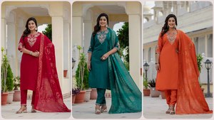 Women's Orange Premium Roman <b>Silk</b> Traditional Ankle-Length <b>Kurta</b> Set Embroidered Dupatta Sequins Work Quick Dry Casual Wear All - Product Image 2