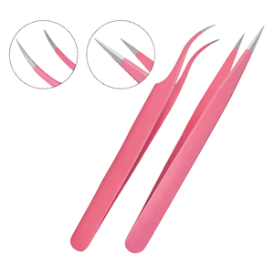 Ensemble de pinces à extensions de cils, 2 pièces, pointes droites et courbées, applicateur de cils en acier inoxydable rose, outil de beauté de précision - Product Image 1
