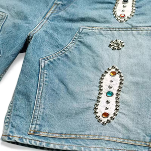 SHY SPORTS Jorts pour hommes très populaires, style baggy taille mi-haute, en jean délavé avec strass - Product Image 5