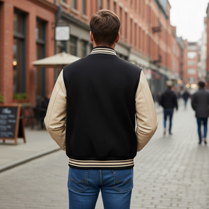 Best Men's Varsity <b>Jacket</b> Black Beige Cotton Polyester Casual Embroidered Logo Front Turn-down Collar Regular Fit Autumn Wear - Product Image 5