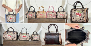 Bolso de Viaje de Cuero Genuino de Gran Capacidad, Estilo Vaquero, con Asa Superior y Correa Cruzada, Diseño Floral Grabado a Mano - Product Image 3