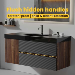 Mobile bagno Grace da 48 pollici in noce, sospeso a parete, con lavabo in quarzo nero opaco e ante con cassetti neri opachi - Product Image 6