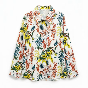 Hawaiian Vacation Style Summer Shirt for Women Retro Floral Beach Top with Elastic Loose Fit Lapel Collar <b>Polyester</b> - Product Image 2