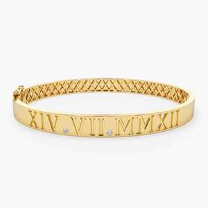 Luxury 14K Solid <b>Gold</b> Roman Numeral <b>Bangle</b> Bracelet Fine Jewelry 0.03 CTW 2 Diamond Female Charm <b>Bangle</b> Bracelets Ready To Ship - Product Image 2