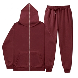 Conjunto Deportivo Unisex Color Granate con Capucha, Sudadera con Cierre Completo y Bolsillos Laterales, y Pantalones Deportivos a Juego, Estilo Casual, Color Sólido, para Otoño - Product Image 1