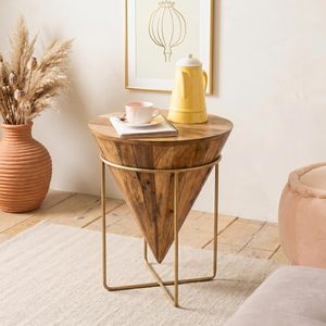 Table d'appoint en bois massif en forme de cône inversé avec structure géométrique en fil de laiton - Product Image 4