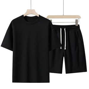 Conjunto de Camiseta y Pantalones Cortos de Algodón Casual para Hombre, Color Sólido, Transpirable, Cuello Redondo, Ropa de Punto para Verano, Conjunto de Camiseta de Algodón Estampada para Otoño - Product Image 2