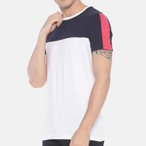 T-shirt à manches courtes pour homme, col rond, color-block, blanc, marine, rose, bordure contrastée, coupe classique, décontracté, tricoté, 100% coton - Product Image 4