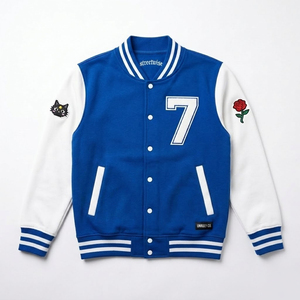 Chaqueta Varsity Azul para Hombre Directwise con Bordado del Número 7 y Parche de Rosa, Estilo Preppy para Otoño - Product Image 1